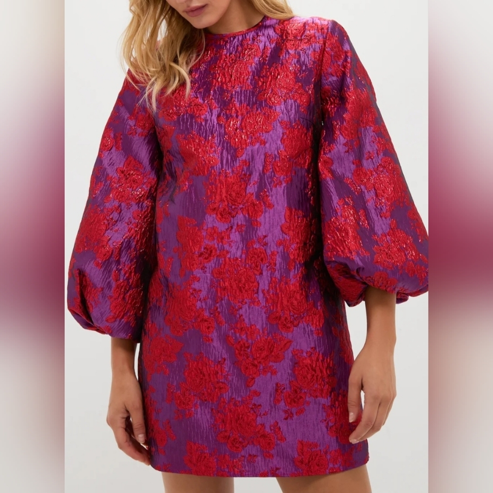 Textured Purple Mini Dress with Red Floral Jacquard
